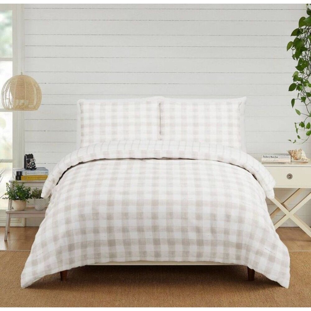 Modern Heirloom 3pc King Gingham Comforter SET – Tan – Brand New